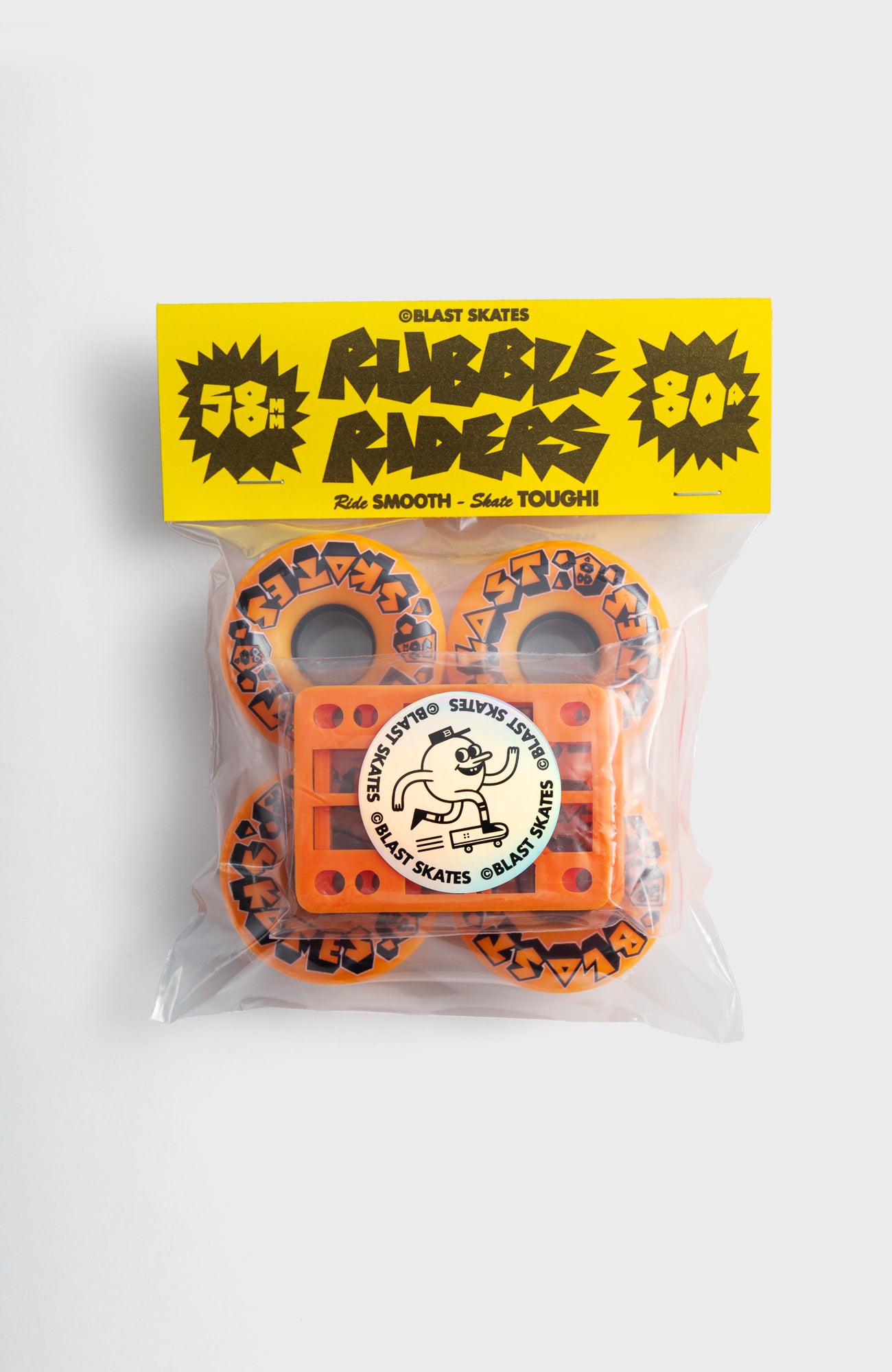 BLAST SKATES RUBBLE RIDERS with free risers 58mm 80A soft / 1/4" orange risers