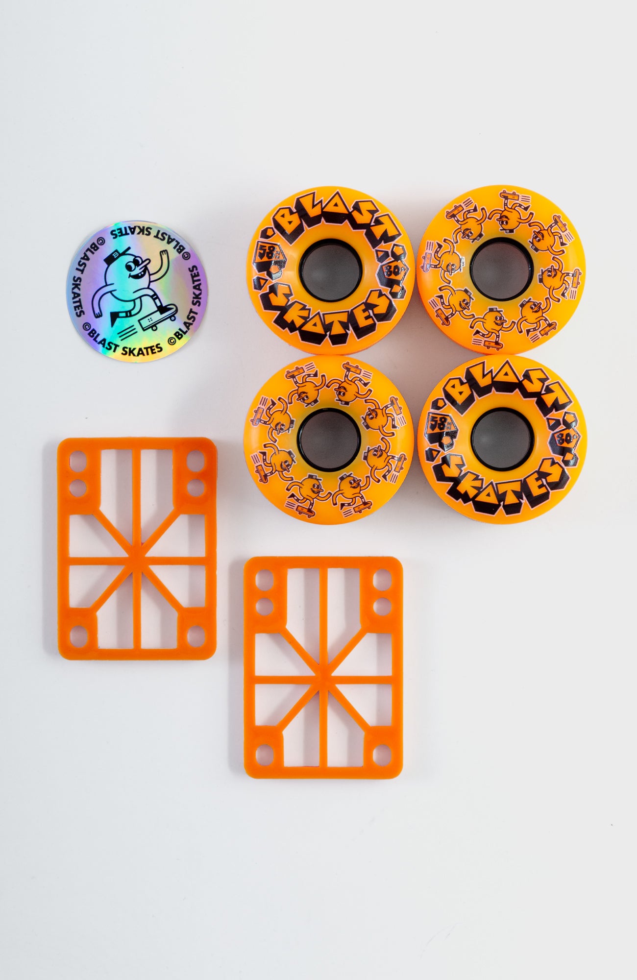 BLAST SKATES RUBBLE RIDERS with free risers 58mm 80A soft / 1/4" orange risers